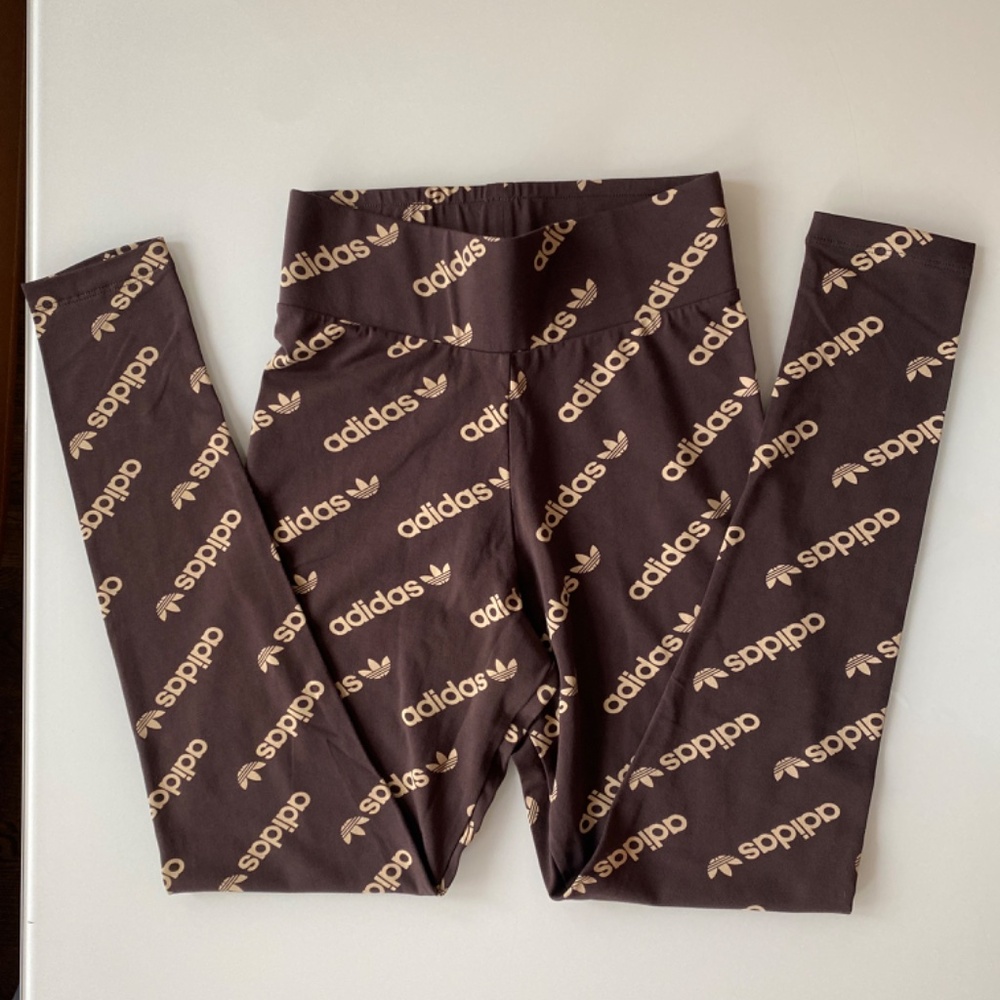 Adidas Originals Woman Logomania Repeat Logo Monogram Leggings Brown & Tan - Picture 2 of 7